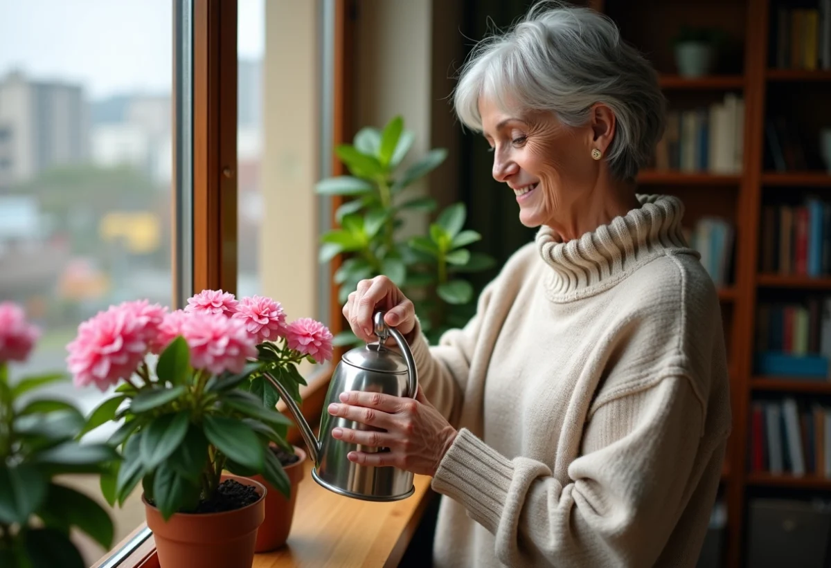 Femme d'âge moyen arrosant une azalee en intérieur