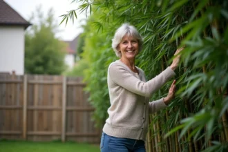 Femme touchant un mur de bambou dans un jardin résidentiel