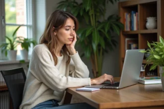Femme pensante sur un bureau moderne utilisant ShockGarden