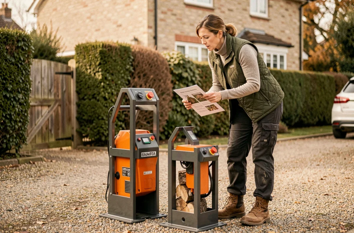 Femme comparant deux modèles de fendeuses de bois électriques sur une allée gravillonnée devant une maison de banlieue