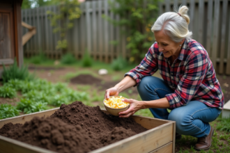 Femme en plaid et jeans compostant dans le jardin