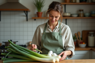 Femme en cuisine inspectant des poireaux frais pour des œufs