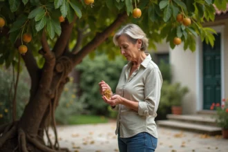 Femme nettoyant ses mains près d'un figuier dans un jardin