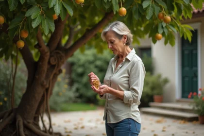 Femme nettoyant ses mains près d'un figuier dans un jardin