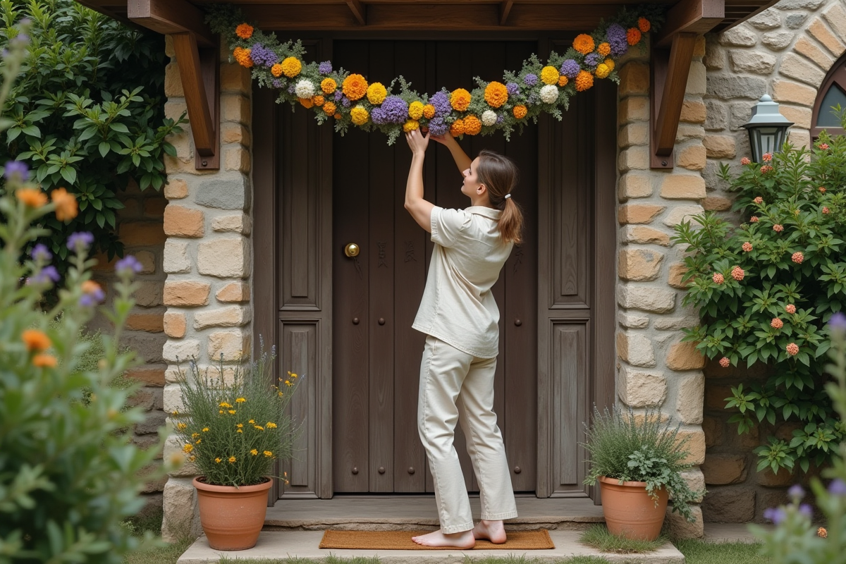 Femme suspendant une guirlande de fleurs protectrices devant une maison de campagne