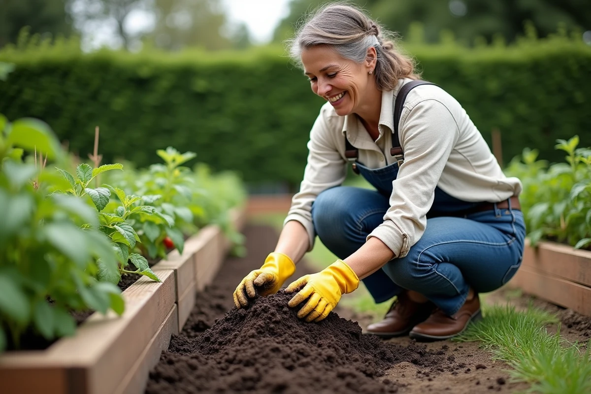 Femme en jardinage compostant autour de tomates saines
