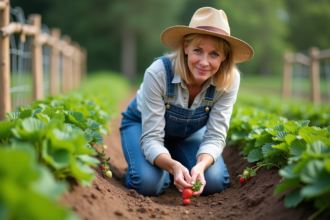 Femme en salopette de denim et chapeau de paille dans un jardin de fraises
