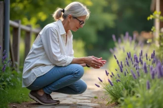 Femme examine des fleurs de lavande fanées dans son jardin