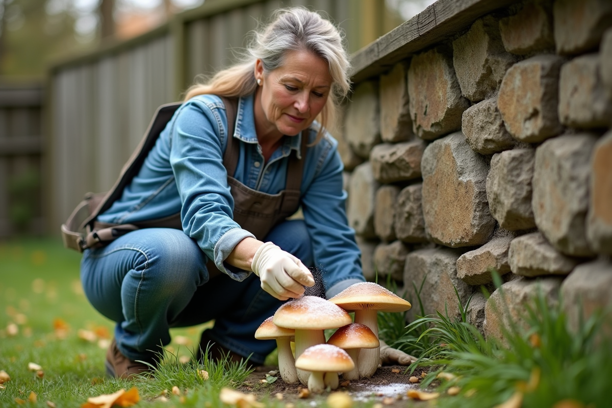 Femme jardinant saupoudrant de la chaux sur des champignons