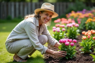 Femme plantant des pivoines dans un jardin en été