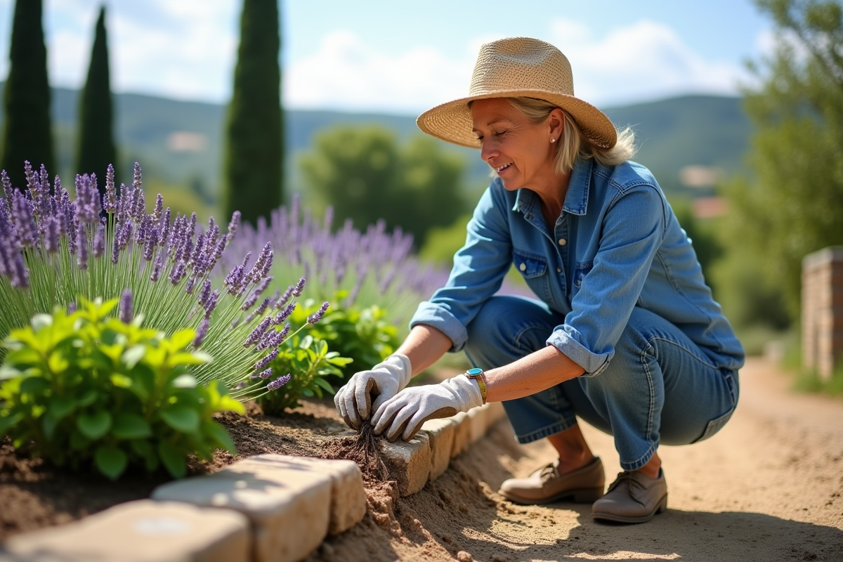Femme en jardin provençal examine les lavandes