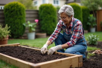 Femme en jardinage semant des graines dans la terre
