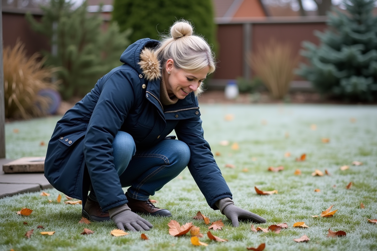 Femme en parka regardant le gazon d'hiver en jardin