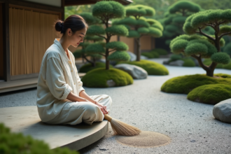 Femme méditant dans un jardin zen japonais
