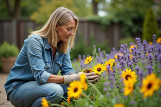 Femme en jardin observant des abeilles sur lavande et tournesols
