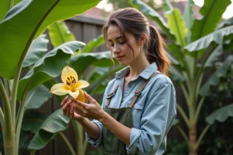 Femme examinant un bananier en fleurs dans son jardin
