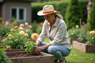 Femme en jardinage avec un dahlia dans un jardin verdoyant