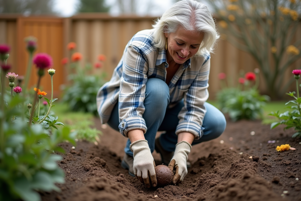 Femme plantant un tuber de dahlia dans le sol du jardin