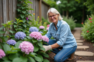 Femme d'âge moyen prune des hortensias roses et bleus