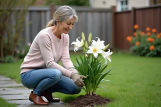 Femme en jeans prune et pull pastel prune prune prune, taillant un lys blanc en jardin