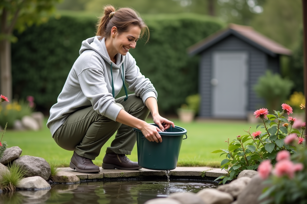 Femme souriante utilisant un seau pour puiser de l