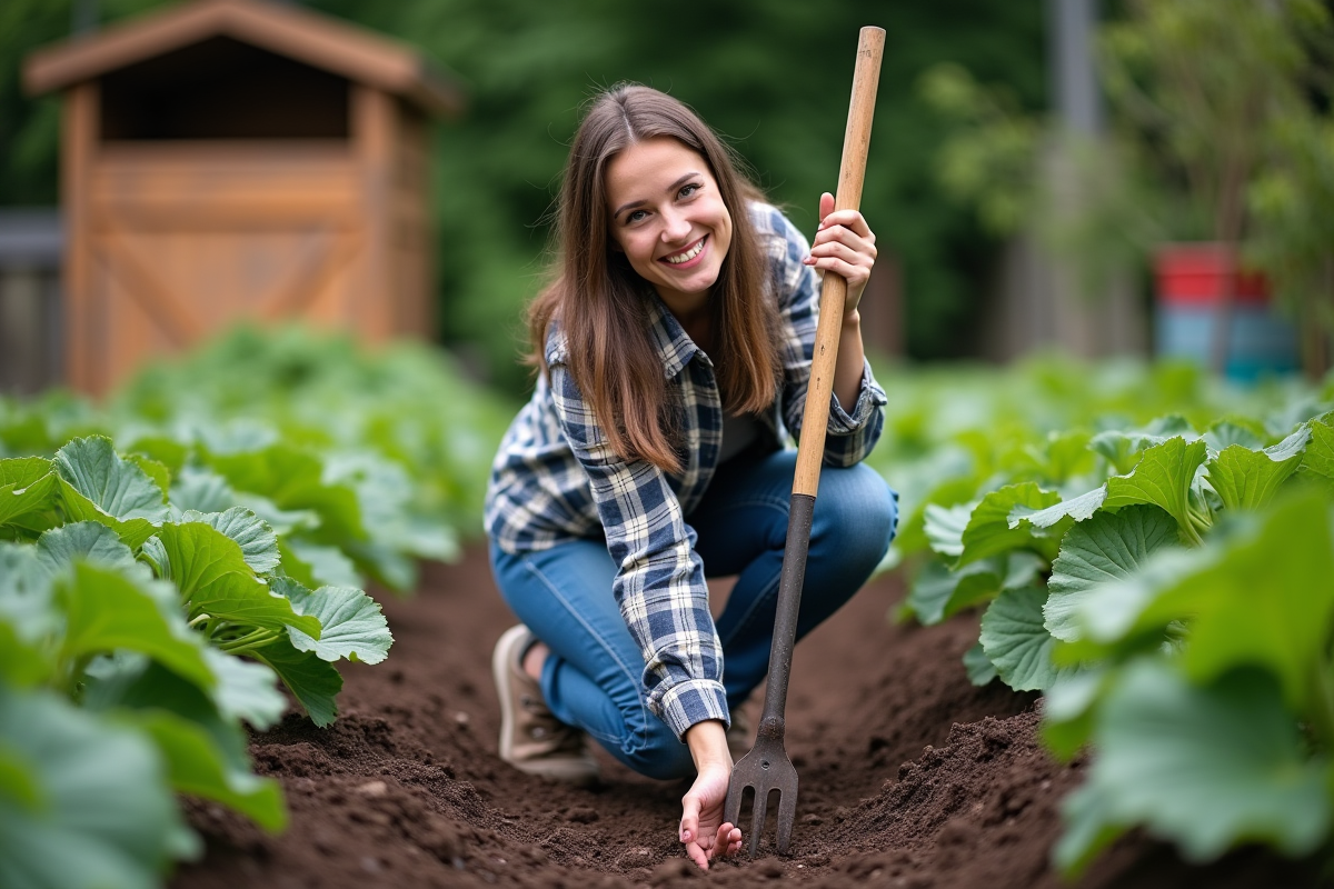 Jeune femme en jeans utilisant une fourche dans un potager