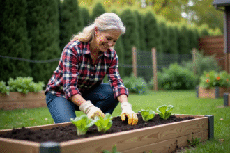 Femme en plaid et gants de jardinage plantant des laitues