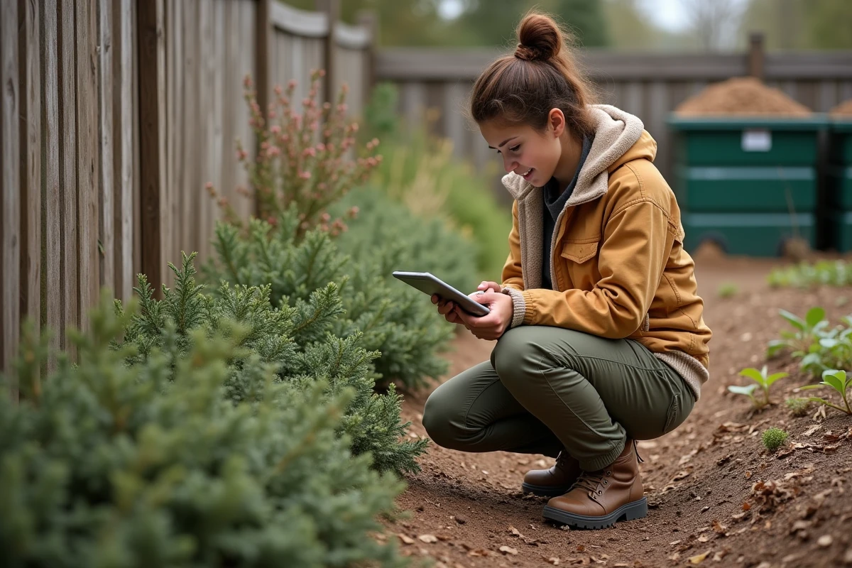 Jeune femme vérifiant des conseils de taille écologique dans le jardin
