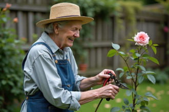 Femme âgée taillant un rosier dans un jardin