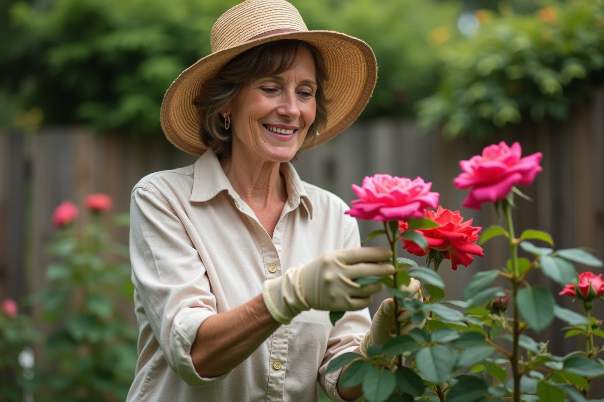 Femme en chapeau de paille prune des roses en jardin