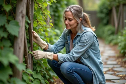 Femme en jardinage prenant de la sève d'une glycine saine