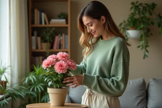 Femme ajustant un lisianthus en pot dans un salon chaleureux