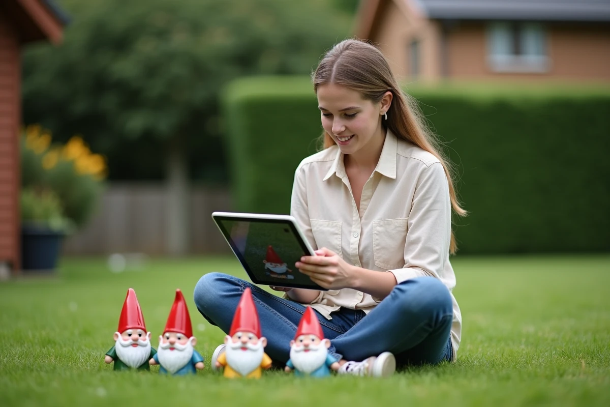 Jeune femme jouant à un mini-jeu de nain de jardin sur tablette assise dans un jardin avec des figurines de nains disposées sur l'herbe