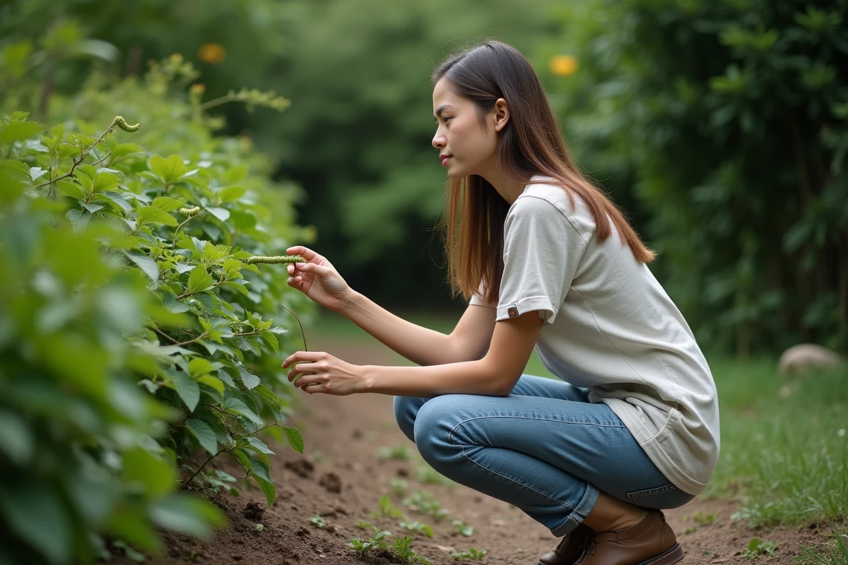 Femme adulte observant prudemment une chenille verte sur une branche de jardin sans la toucher