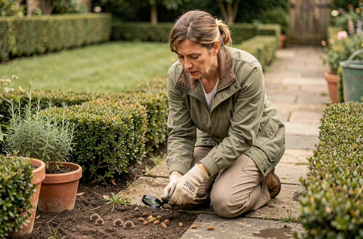 Femme jardinière observant des crottes de hérisson dans son jardin avec une loupe, geste de protection de la faune sauvage