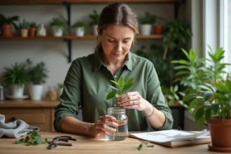 Femme plantant une tige dans un verre d'eau à la cuisine