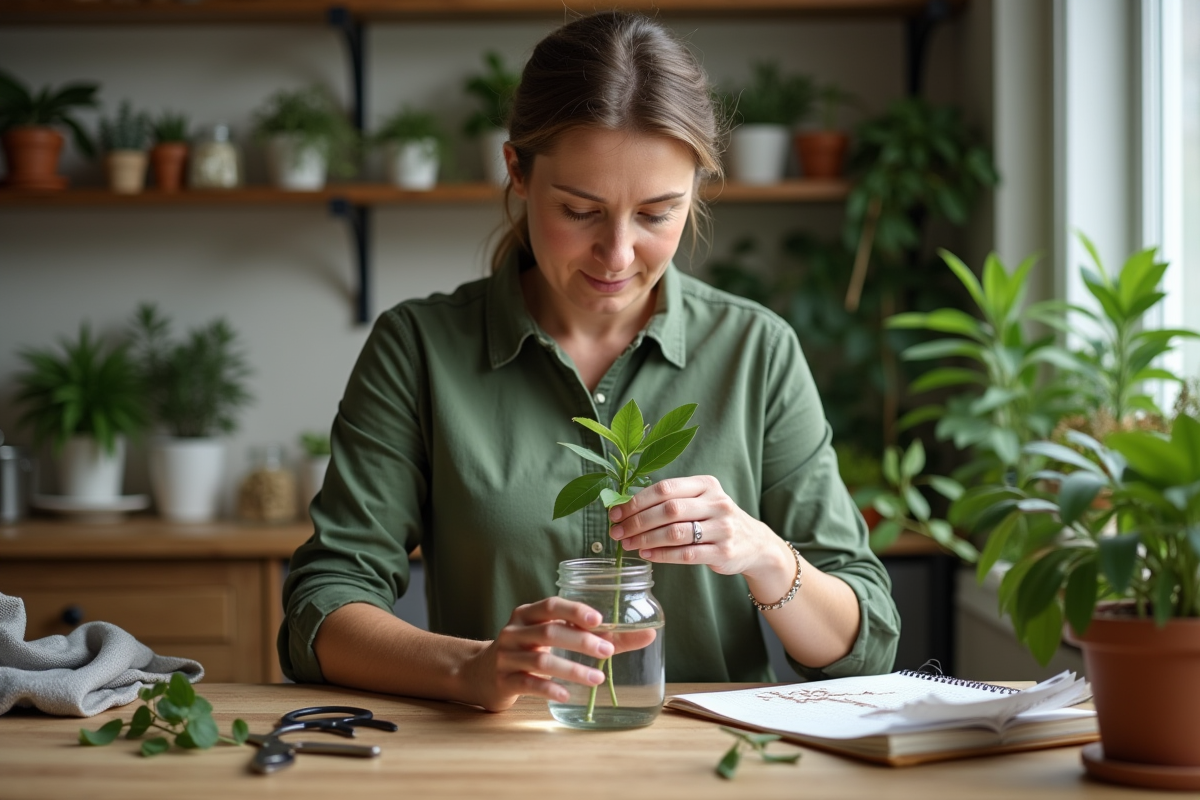 Femme plantant une tige dans un verre d'eau à la cuisine