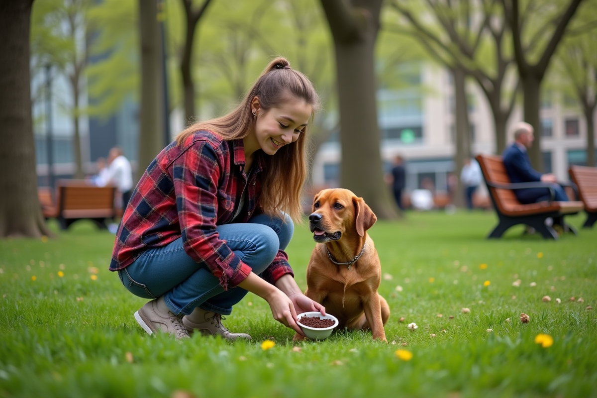 Jeune femme en jeans et flanelle versant du marc de café avec son chien dans un parc