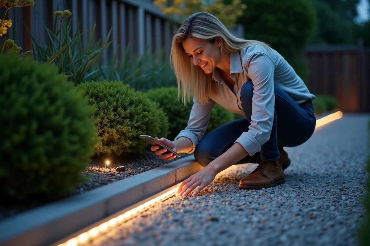 Femme installant une bande LED solaire étanche le long d'un chemin de jardin résidentiel
