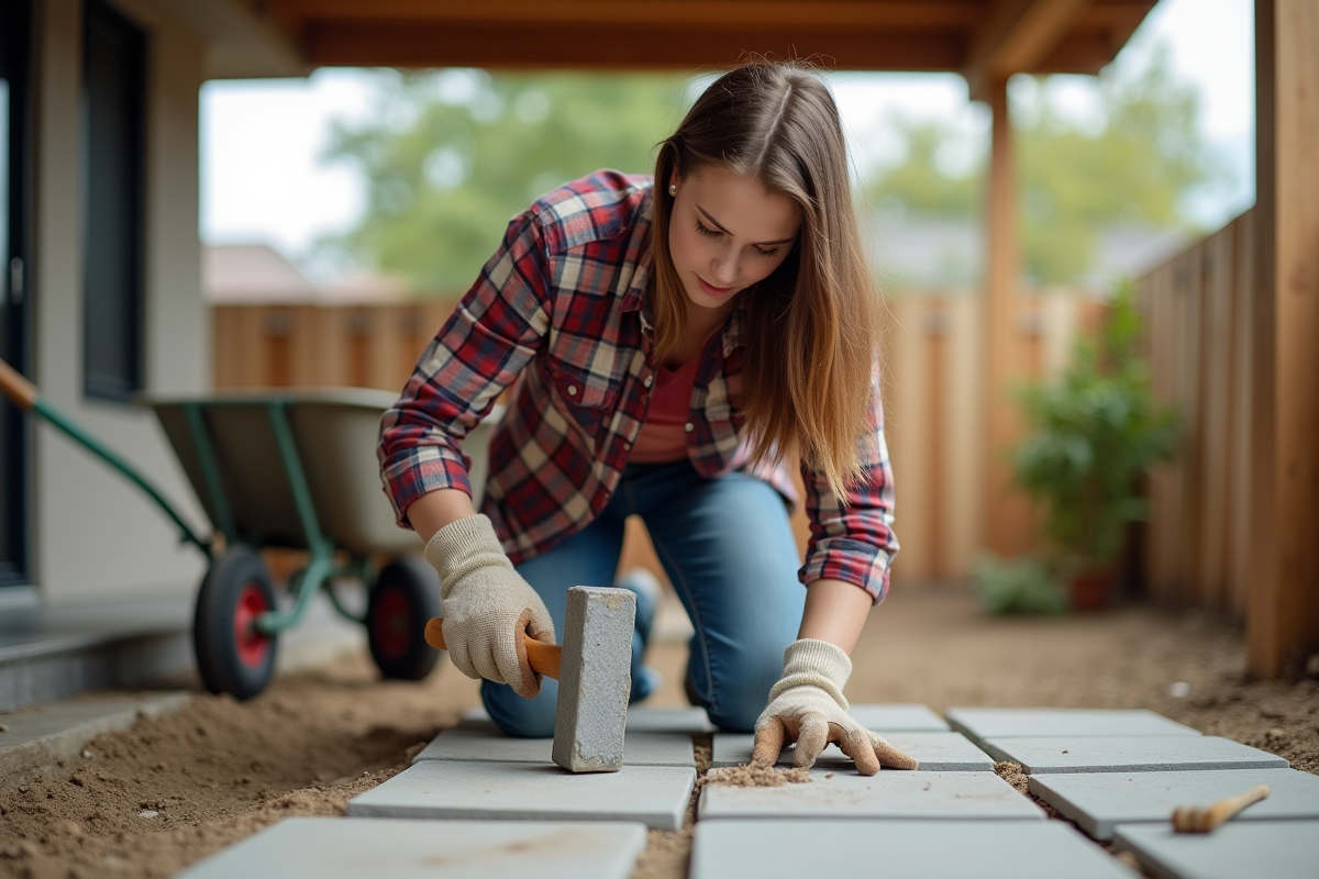 Jeune femme en extérieur alignant des pavés avec un marteau