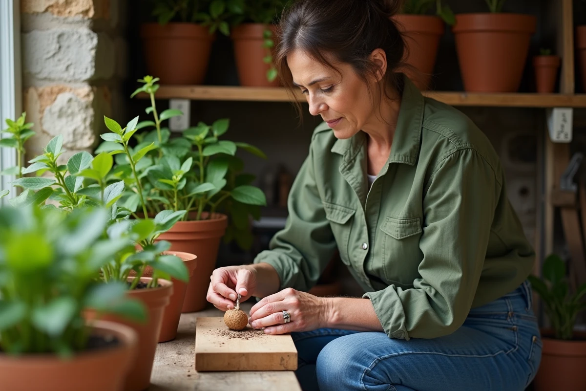 Femme en train de préparer un noisetier dans un atelier de jardinage