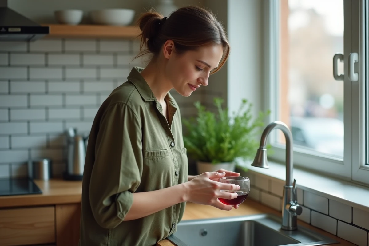 Femme préparant un piège à moucherons avec du vin rouge dans un bol en verre dans une cuisine moderne