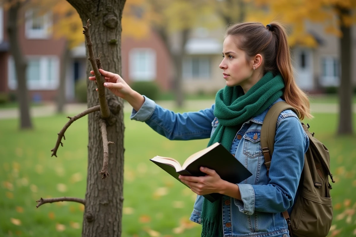Jeune femme pointant une branche cassée d