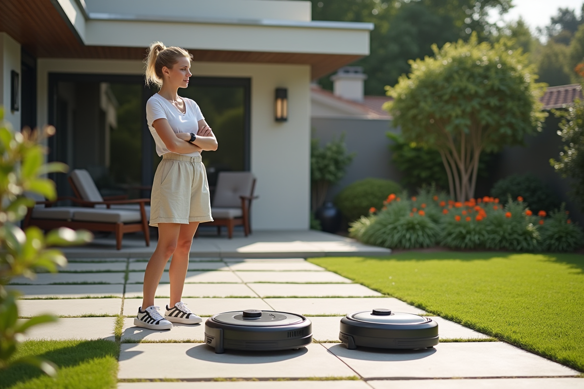 Jeune femme comparant deux tondeuses robot sur le patio