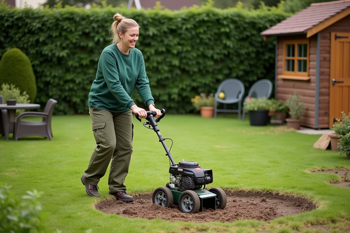 Femme utilisant un scarificateur dans le jardin