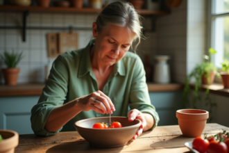 Femme plantant des graines de tomate dans un bol d'eau