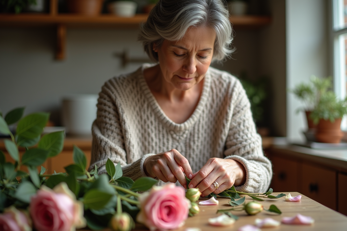 Femme d'âge moyen coupant des roses fanées à la maison