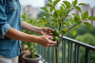 Femme soignant un arbre de goyavier sur son balcon urbain