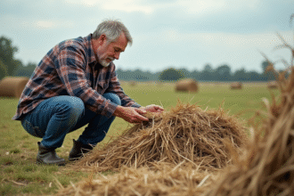 Fermeur moyen âge examinant du foin en décomposition