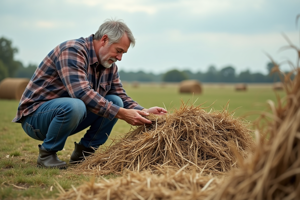 Fermeur moyen âge examinant du foin en décomposition